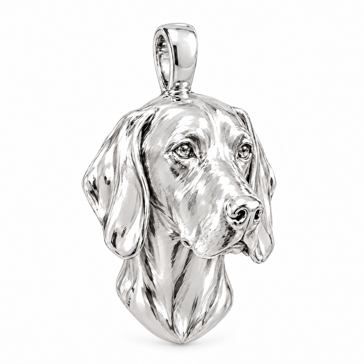 Weimaraner high-polish white gold dog pendant, design render on white; chain not included.