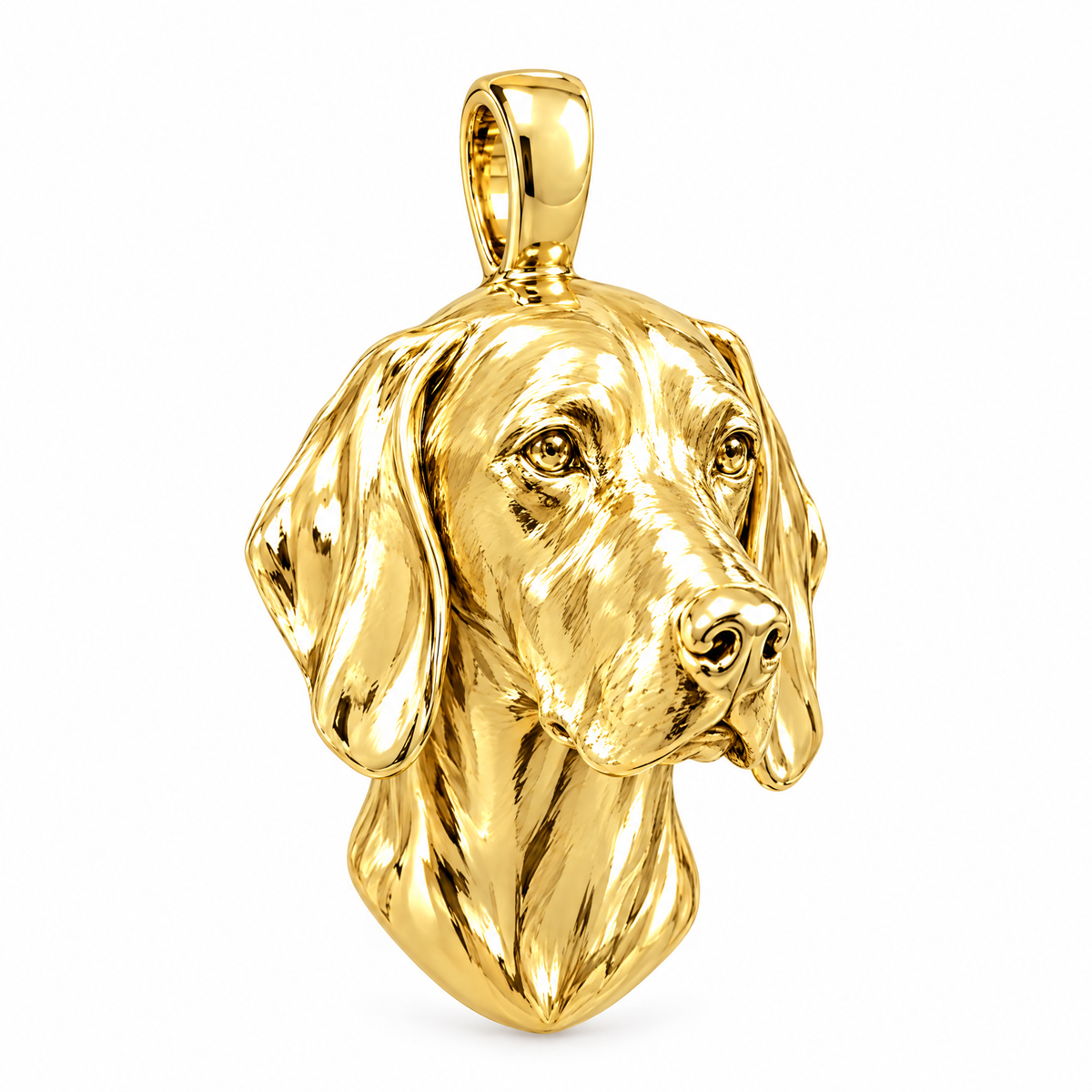 Weimaraner high-polish yellow gold dog pendant, design render on white; chain not included.