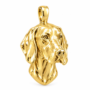 Weimaraner high-polish yellow gold dog pendant, design render on white; chain not included.
