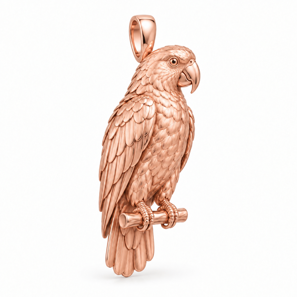 Yellow-naped Amazon parrot pendant design render in high-polish rose gold on white; pendant only.