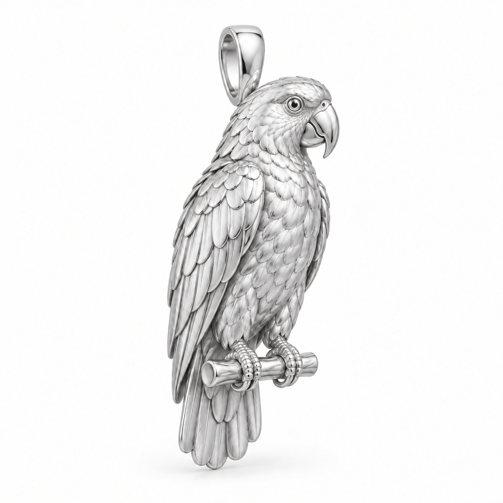 Yellow-naped Amazon parrot pendant design render in high-polish white gold on white; pendant only.