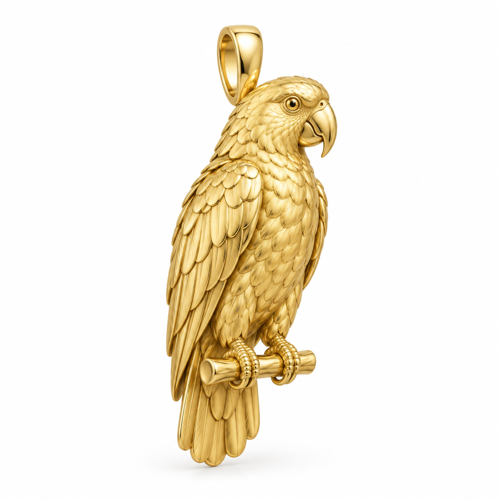 Yellow-naped Amazon parrot pendant design render in high-polish yellow gold on white; pendant only.