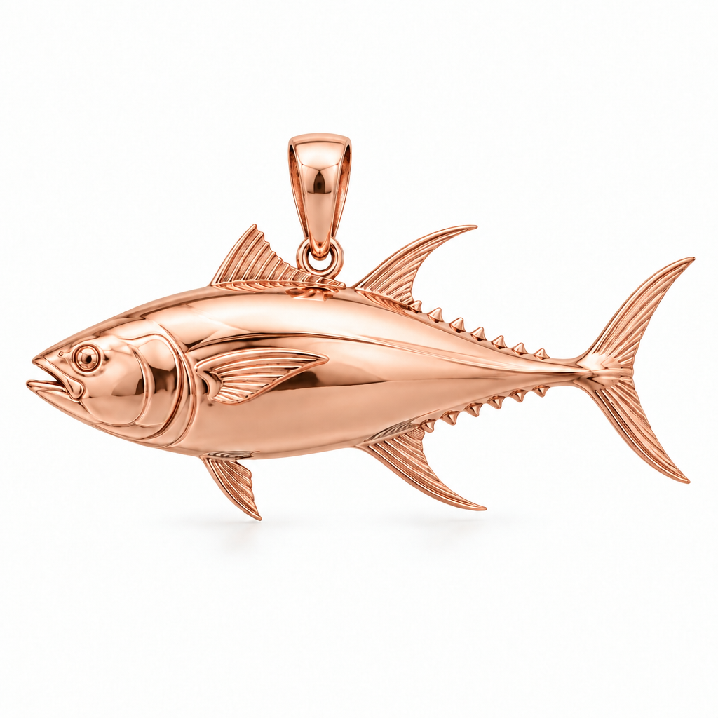 Yellowfin tuna pendant design render in high-polish rose gold on white; pendant only.