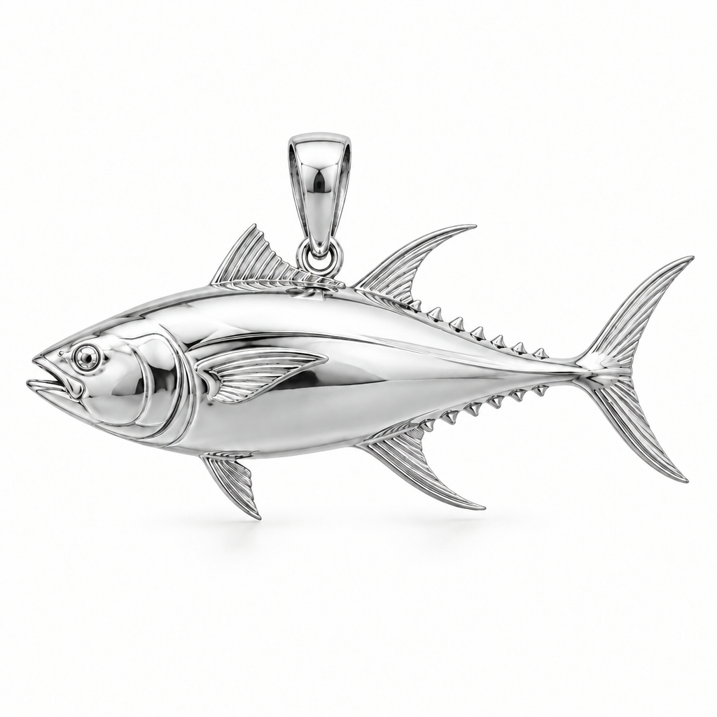 Yellowfin tuna pendant design render in high-polish white gold on white; pendant only.
