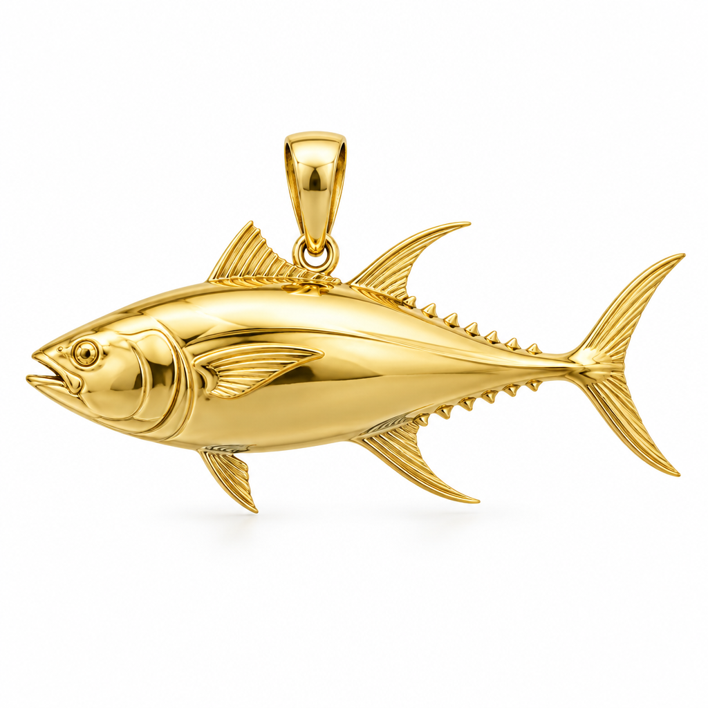 Yellowfin tuna pendant design render in high-polish yellow gold on white; pendant only.