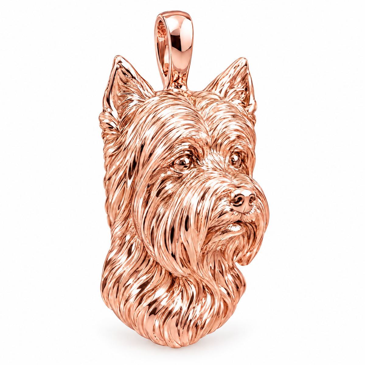 Yorkshire Terrier high-polish rose gold dog pendant, product render on white.