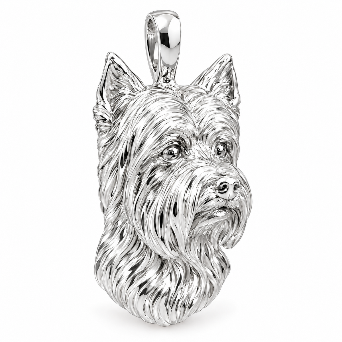 Yorkshire Terrier high-polish white gold dog pendant, product render on white.