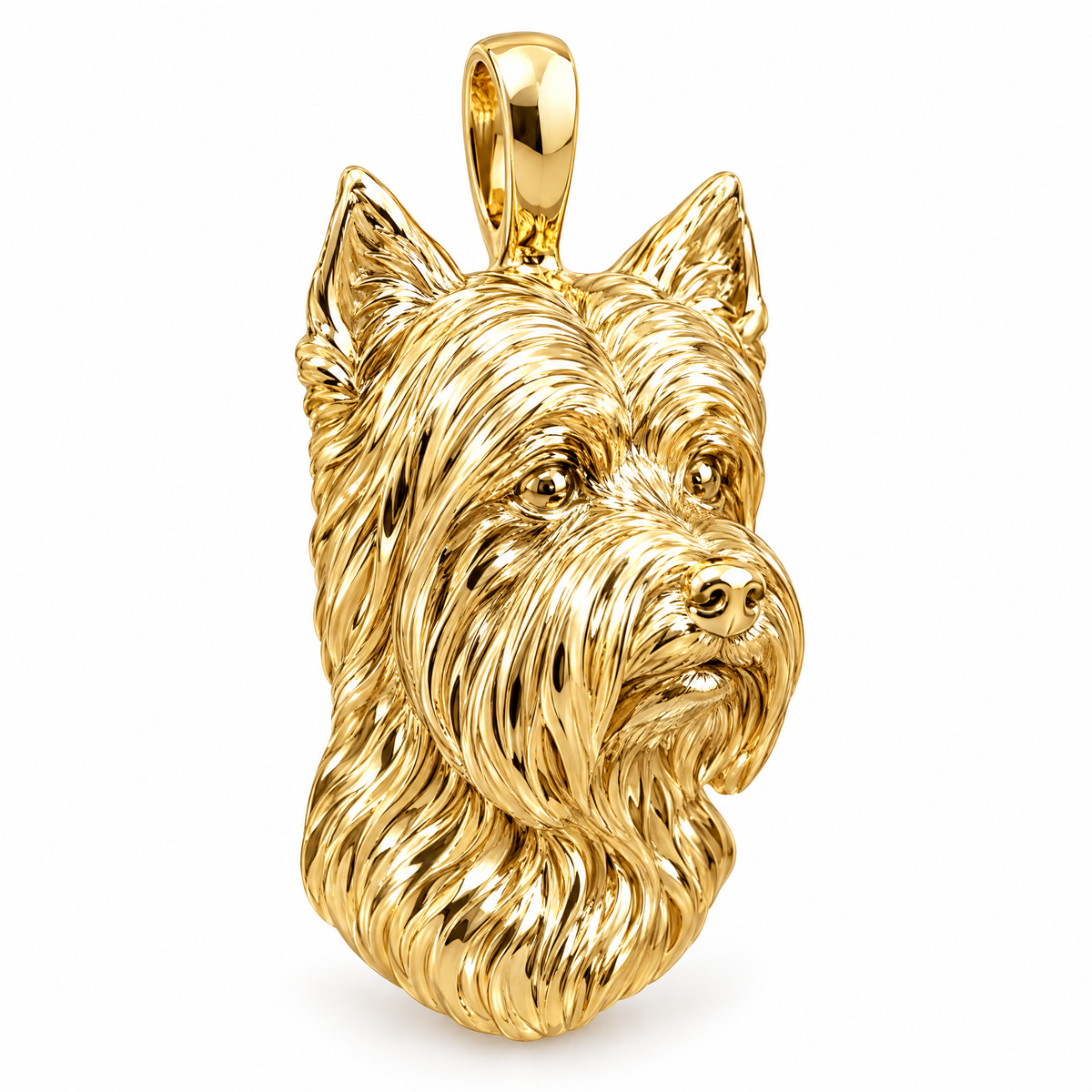 Yorkshire Terrier high-polish yellow gold dog pendant, product render on white.