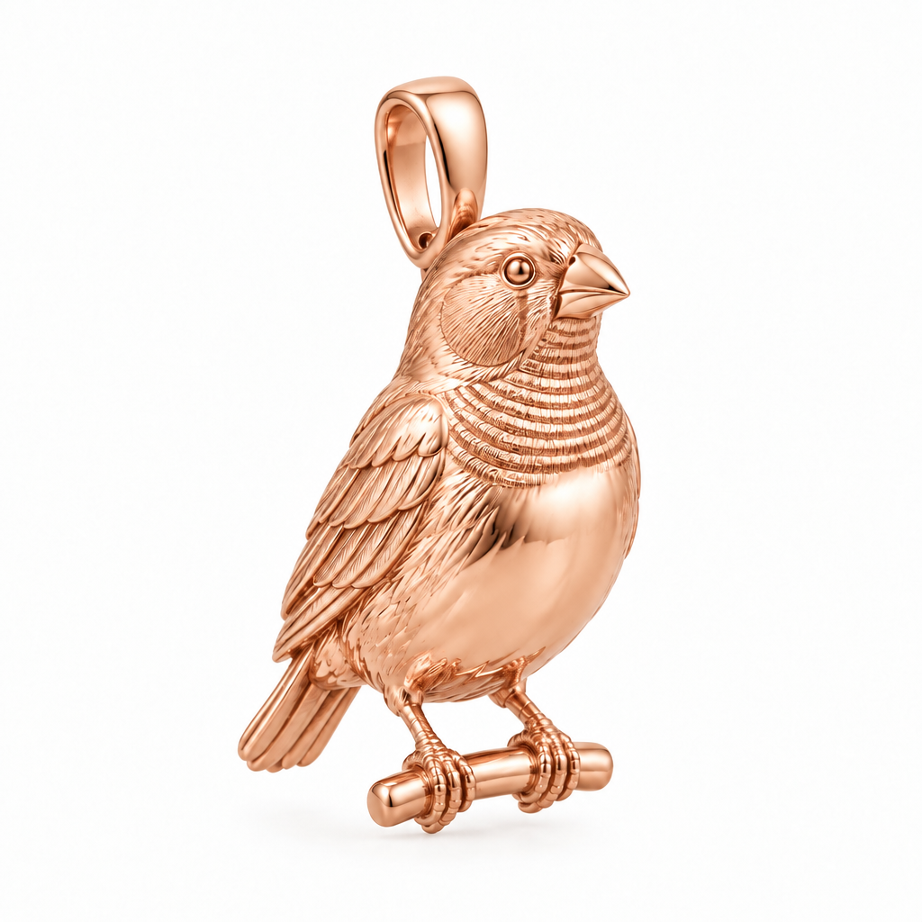 Zebra finch pendant design render in high-polish rose gold on white; pendant only.