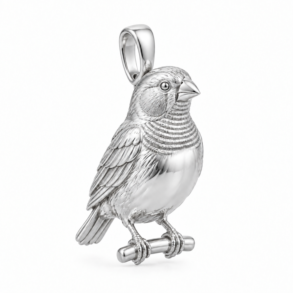 Zebra finch pendant design render in high-polish white gold on white; pendant only.
