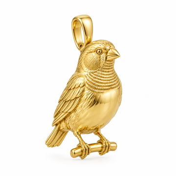 Zebra finch pendant design render in high-polish yellow gold on white; pendant only.