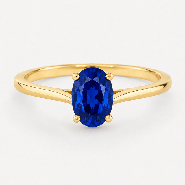 0.50 carat oval-cut laboratory-created blue sapphire solitaire ring in 14K yellow gold