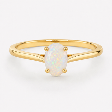0.50 carat oval-shaped natural white opal solitaire ring in 14K yellow gold