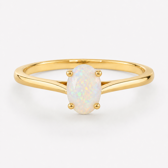 0.50 carat oval-shaped natural white opal solitaire ring in 14K yellow gold