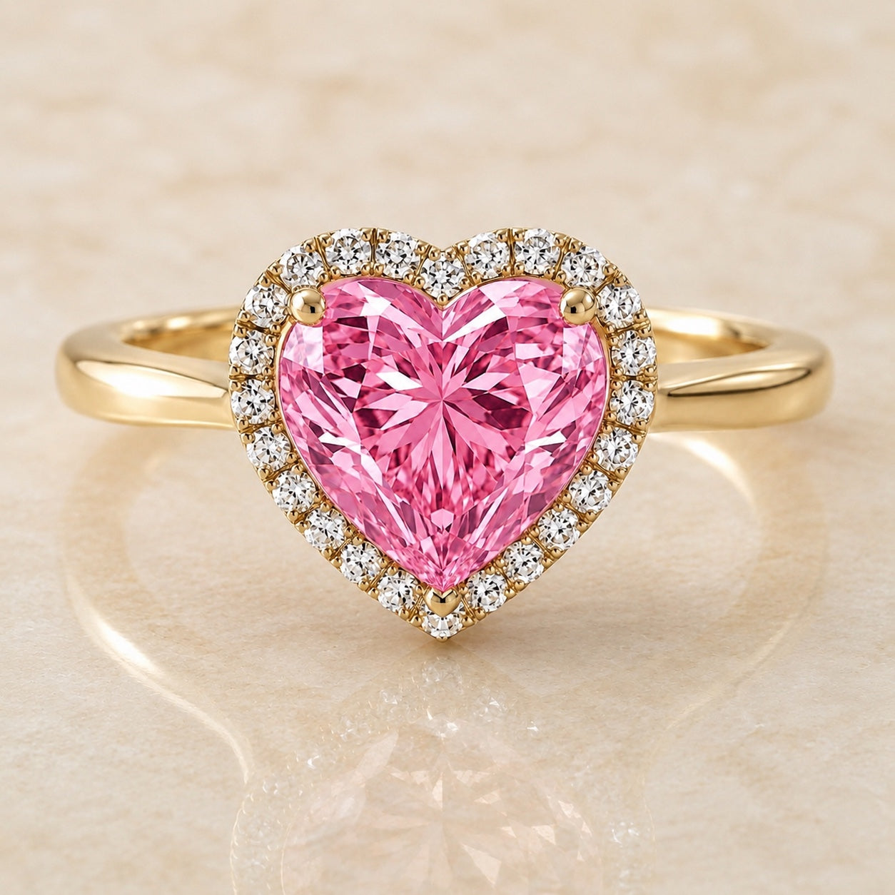 Amour heart-shaped pink lab-grown diamond halo engagement ring in yellow gold