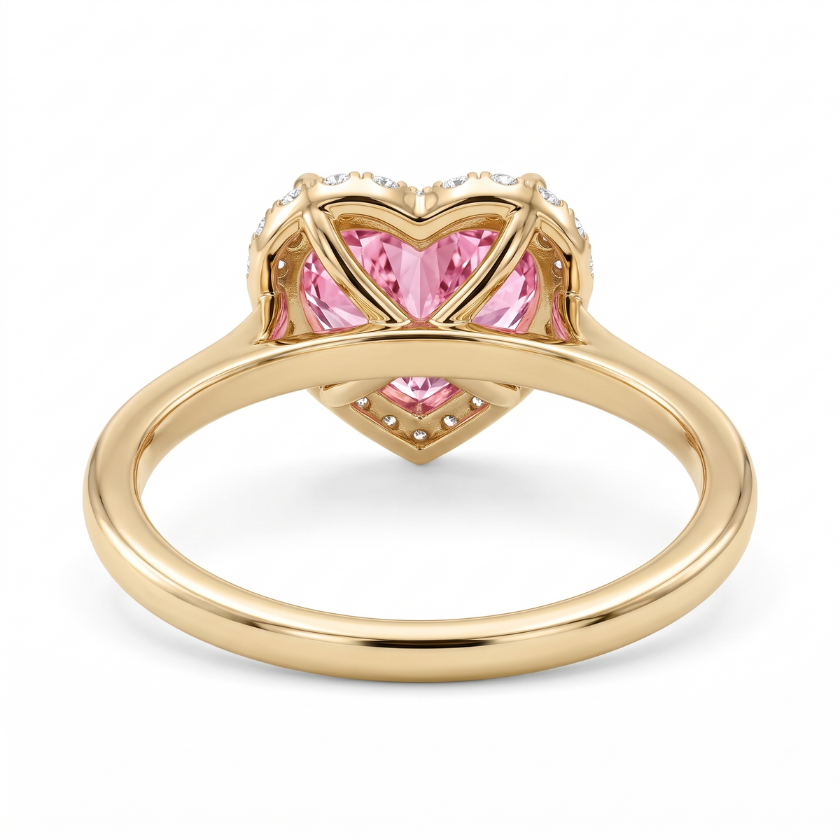 Pink Heart-Shaped Lab-Grown Diamond Halo Engagement Ring – Amour side and rear construction view on white background