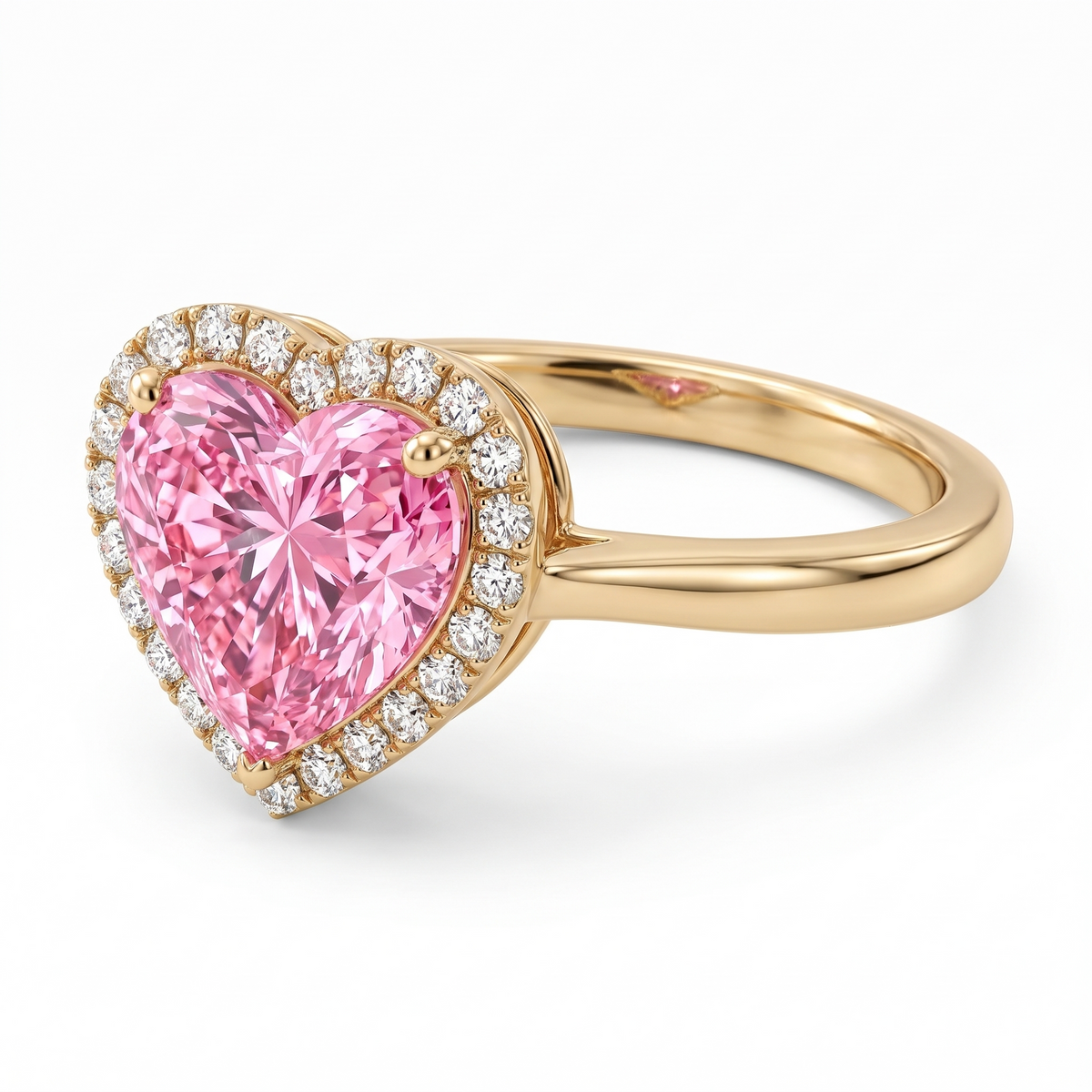 Pink Heart-Shaped Lab-Grown Diamond Halo Engagement Ring – Amour three-quarter catalog view on white background