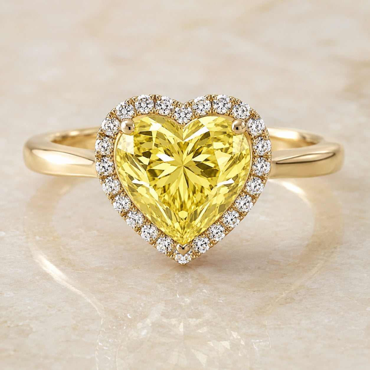 Amour heart-shaped yellow lab-grown diamond halo engagement ring in yellow gold