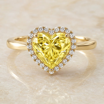 Amour heart-shaped yellow lab-grown diamond halo engagement ring in yellow gold