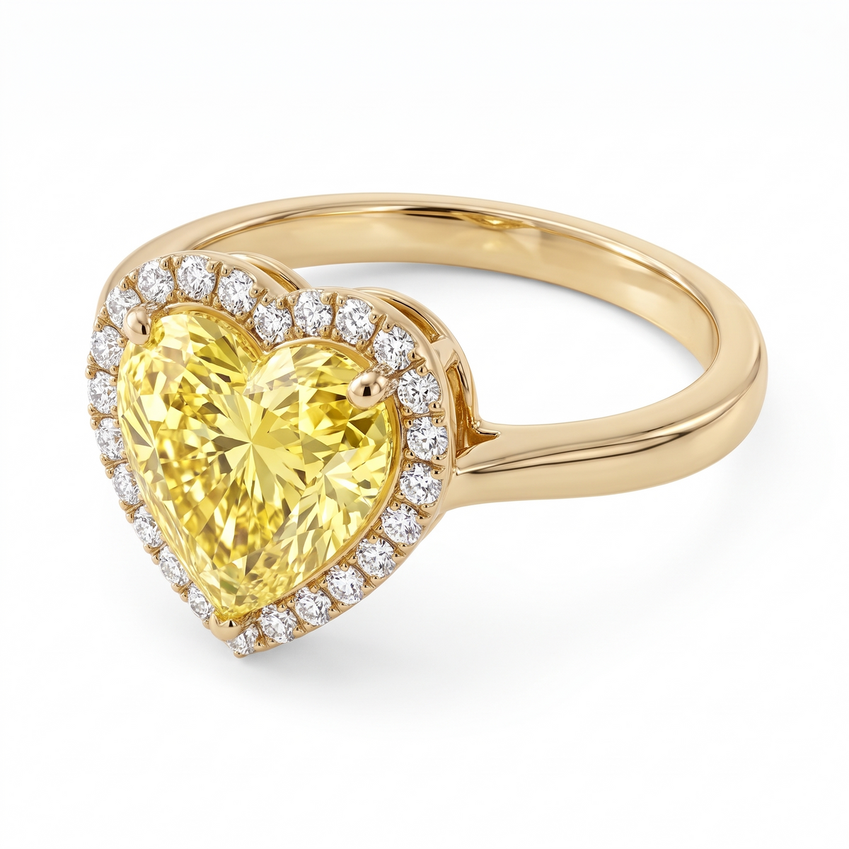 Amour Heart-Shaped Yellow Lab-Grown Diamond Halo Engagement Ring three-quarter catalog view on white background