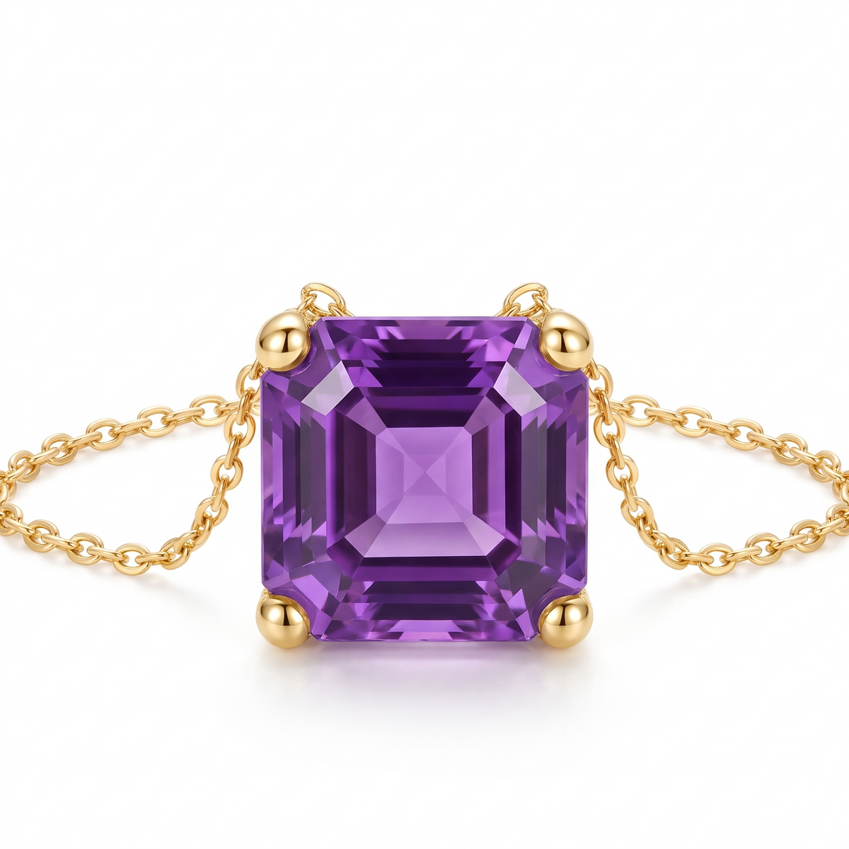 Asscher-Cut Amethyst Solitaire Necklace in Solid Gold macro gemstone and setting view on white background