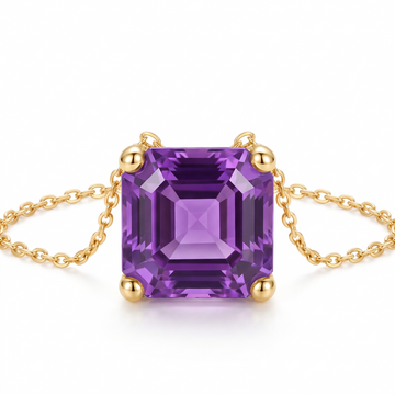 Asscher-Cut Amethyst Solitaire Necklace in Solid Gold macro gemstone and setting view on white background