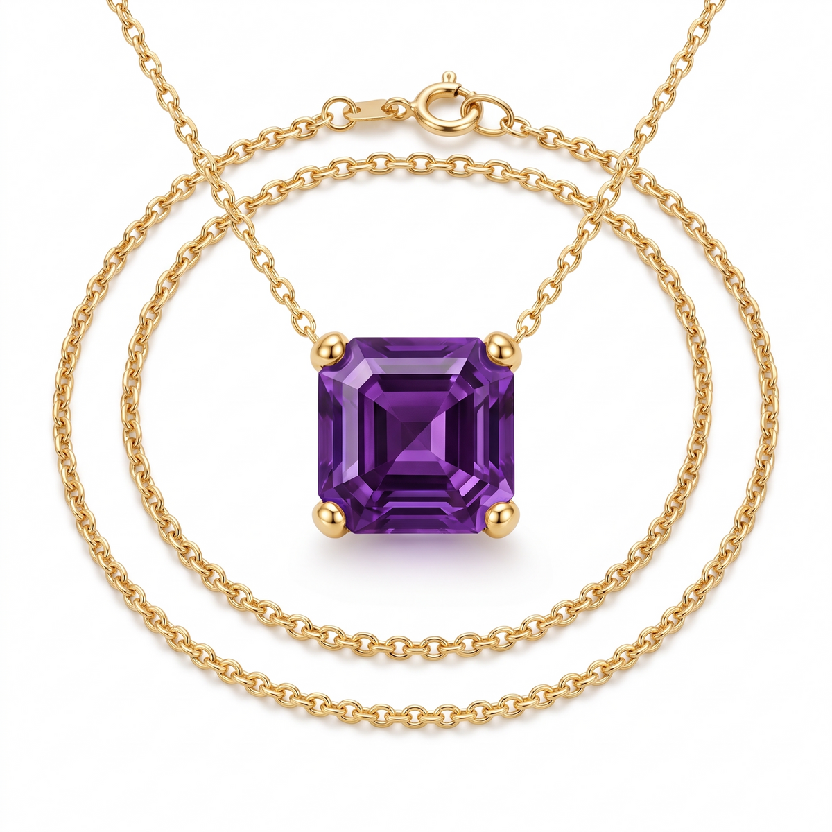 Asscher-Cut Amethyst Solitaire Necklace in Solid Gold full necklace catalog view on white background
