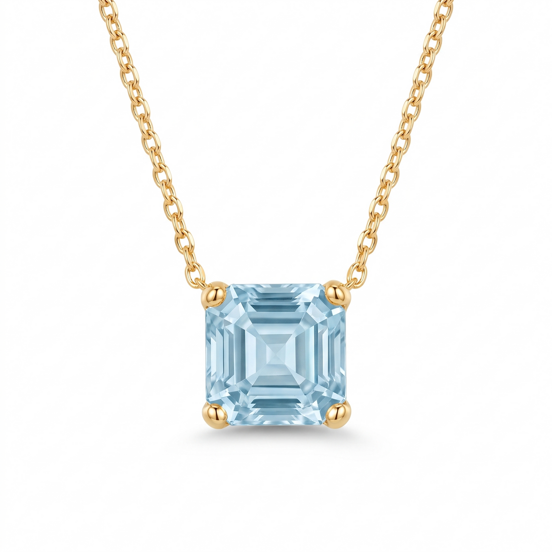 Asscher-Cut Aquamarine Solitaire Necklace in Solid Gold full necklace catalog view on white background