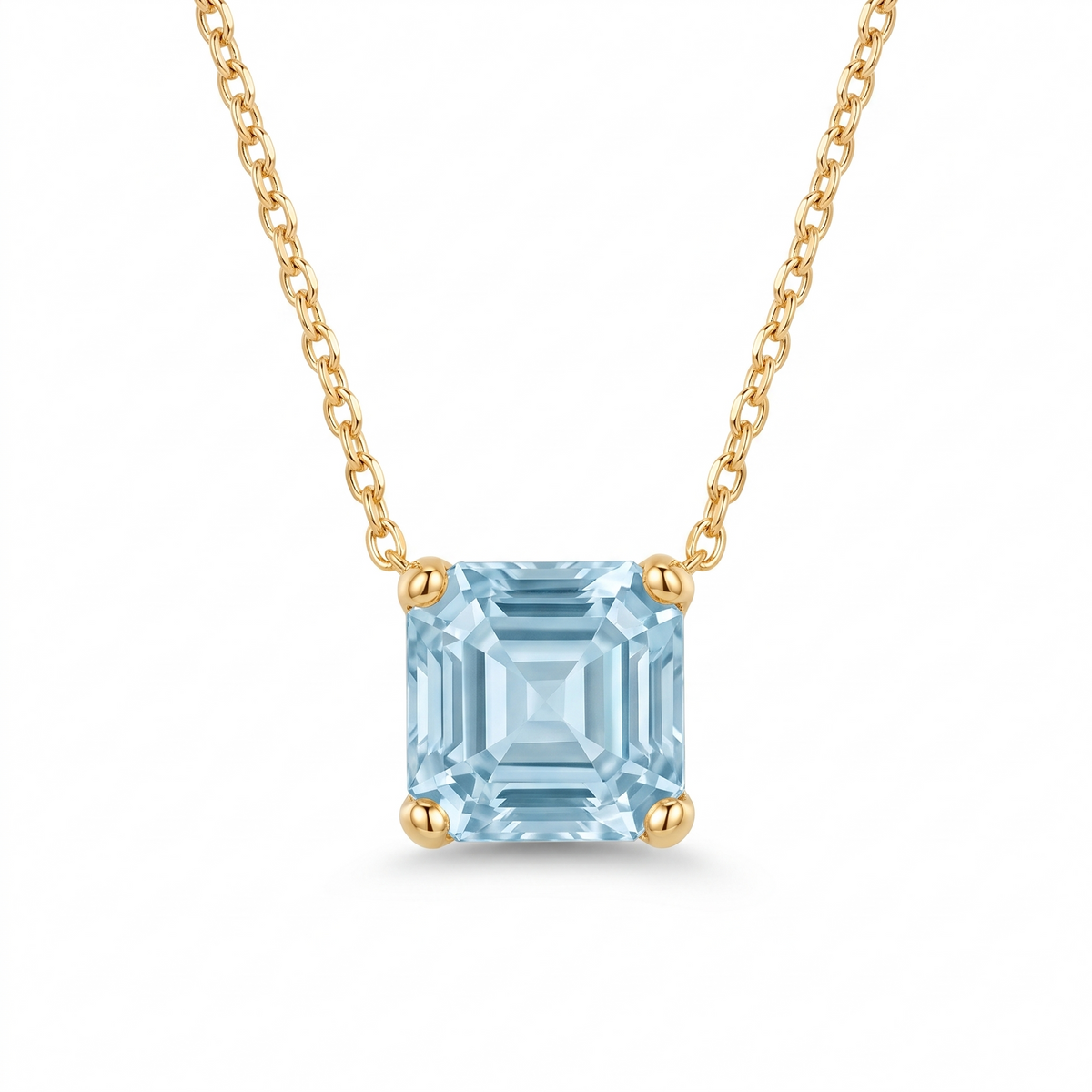 Asscher-Cut Aquamarine Solitaire Necklace in Solid Gold full necklace catalog view on white background