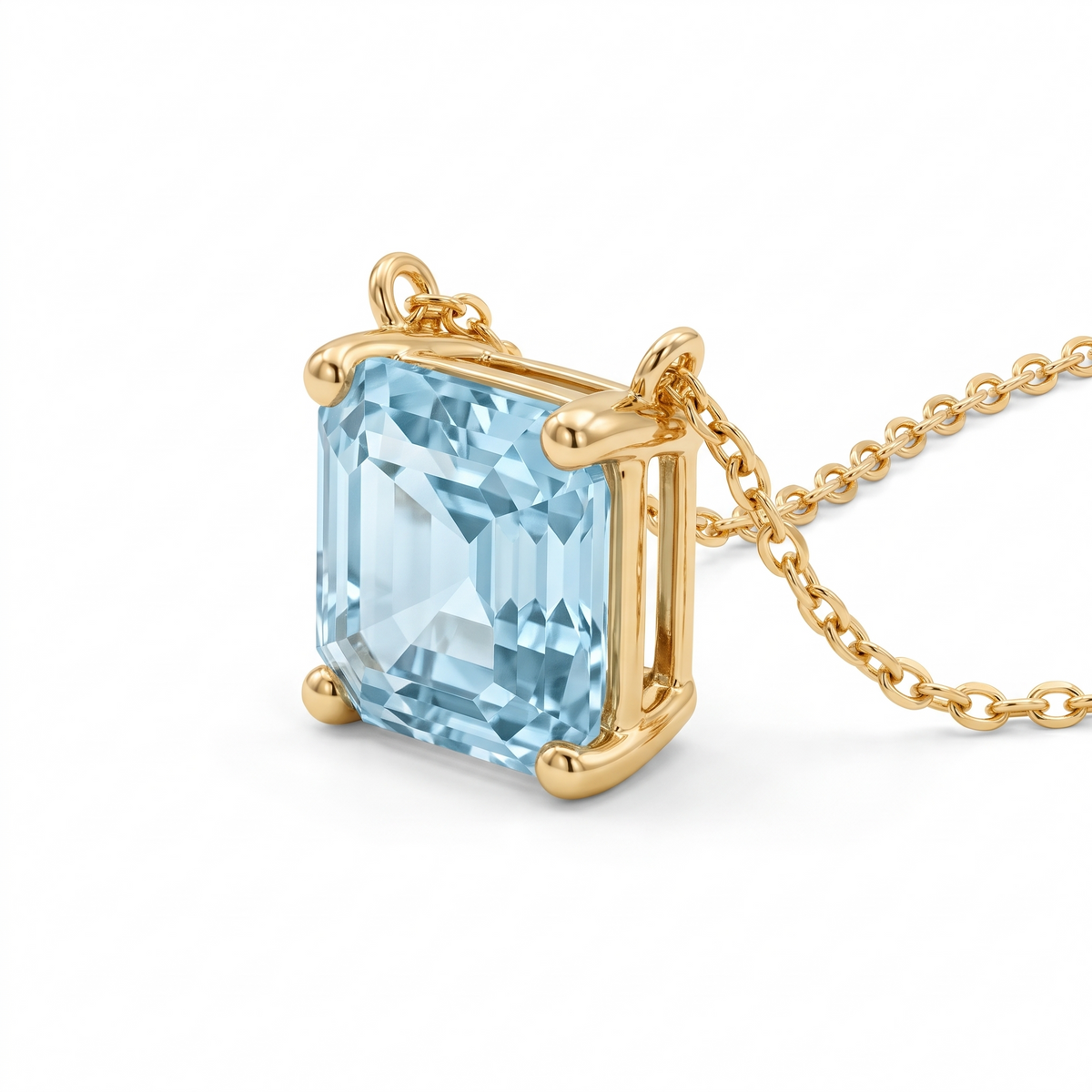Asscher-Cut Aquamarine Solitaire Necklace in Solid Gold three-quarter setting profile on white background