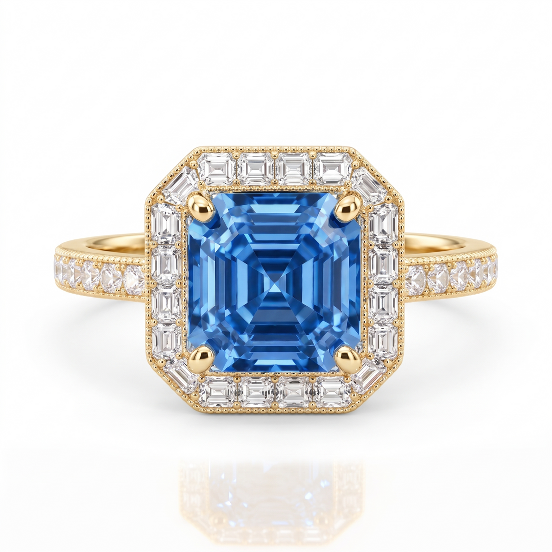 Blue Asscher-Cut Lab-Grown Diamond Art Deco Halo Engagement Ring front catalog view on white background