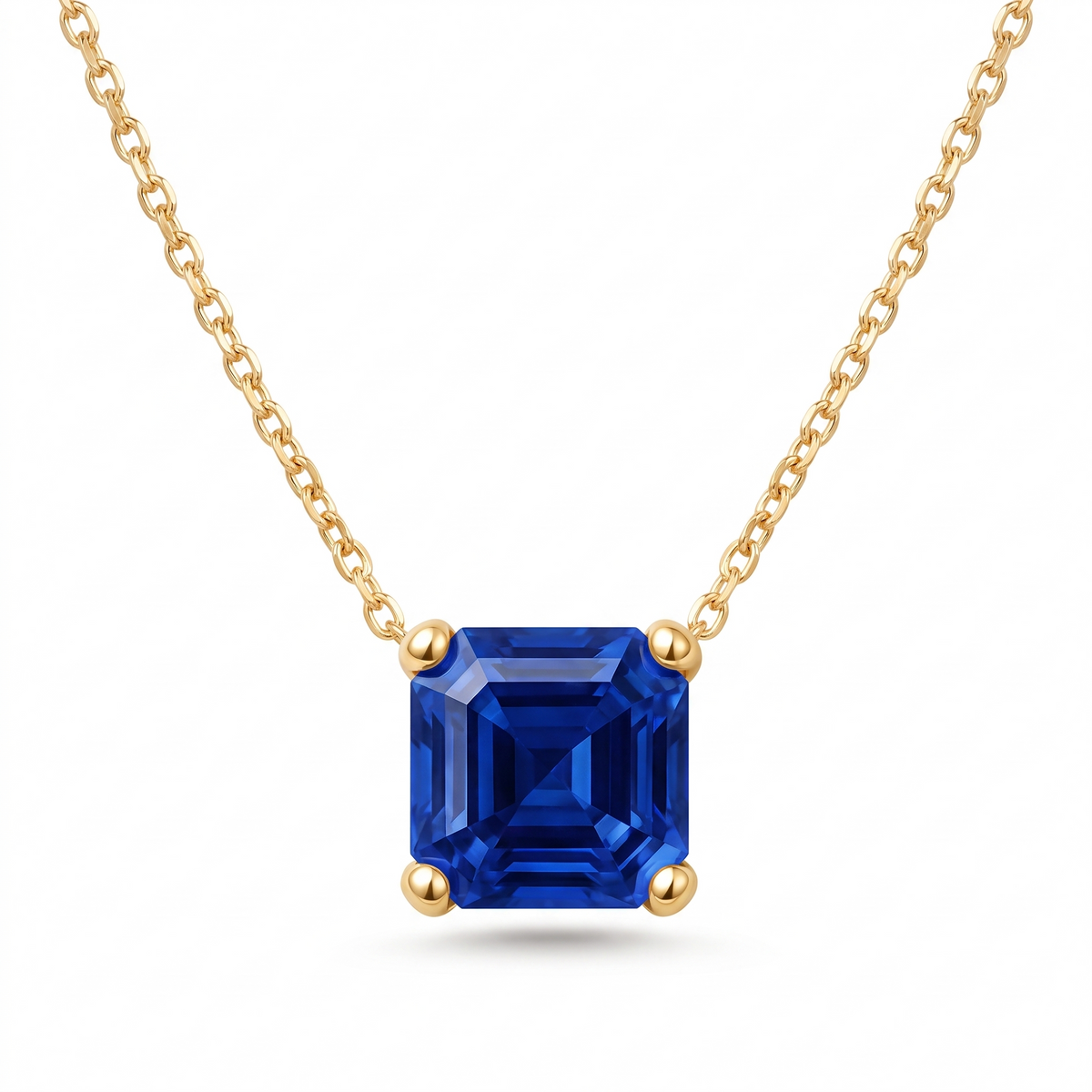 Asscher-Cut Blue Sapphire Solitaire Necklace in Solid Gold full necklace catalog view on white background