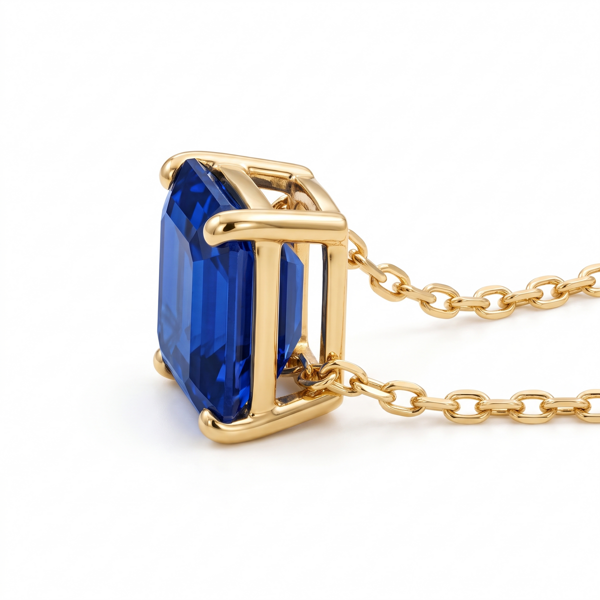 Asscher-Cut Blue Sapphire Solitaire Necklace in Solid Gold three-quarter setting profile on white background