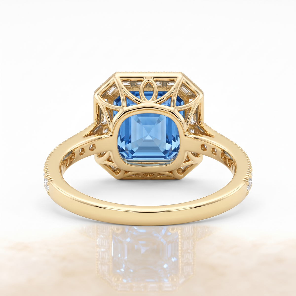 Blue Asscher-Cut Lab-Grown Diamond Art Deco Halo Engagement Ring side and rear construction view on white background