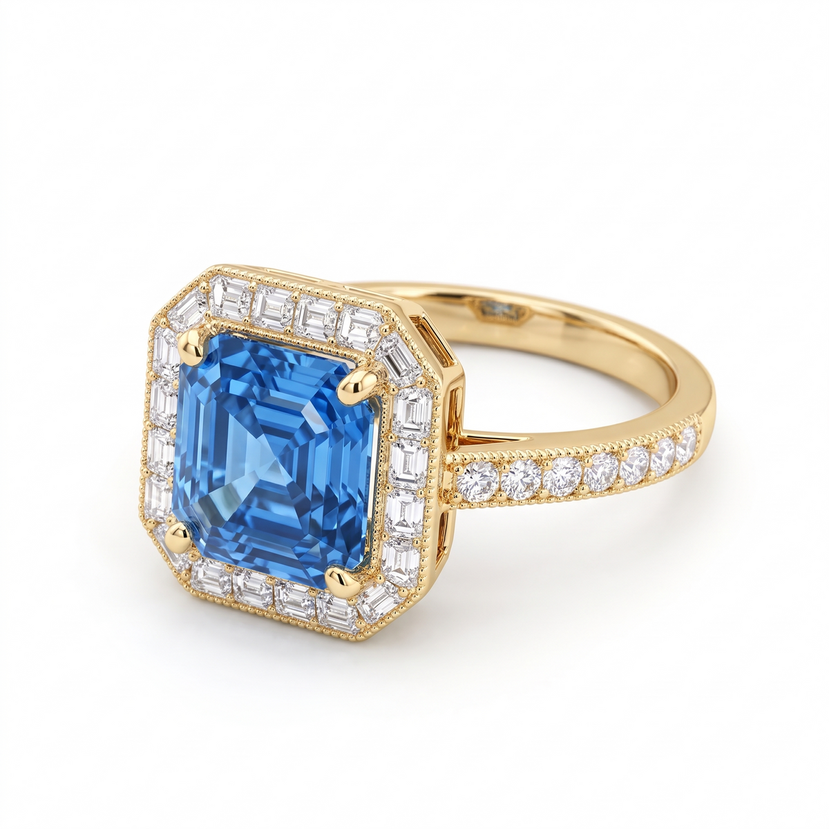 Blue Asscher-Cut Lab-Grown Diamond Art Deco Halo Engagement Ring three-quarter catalog view on white background