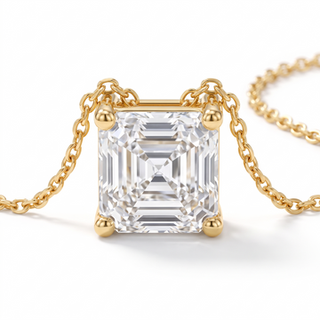 Asscher-Cut Diamond Solitaire Necklace in Solid Gold macro gemstone and setting view on white background