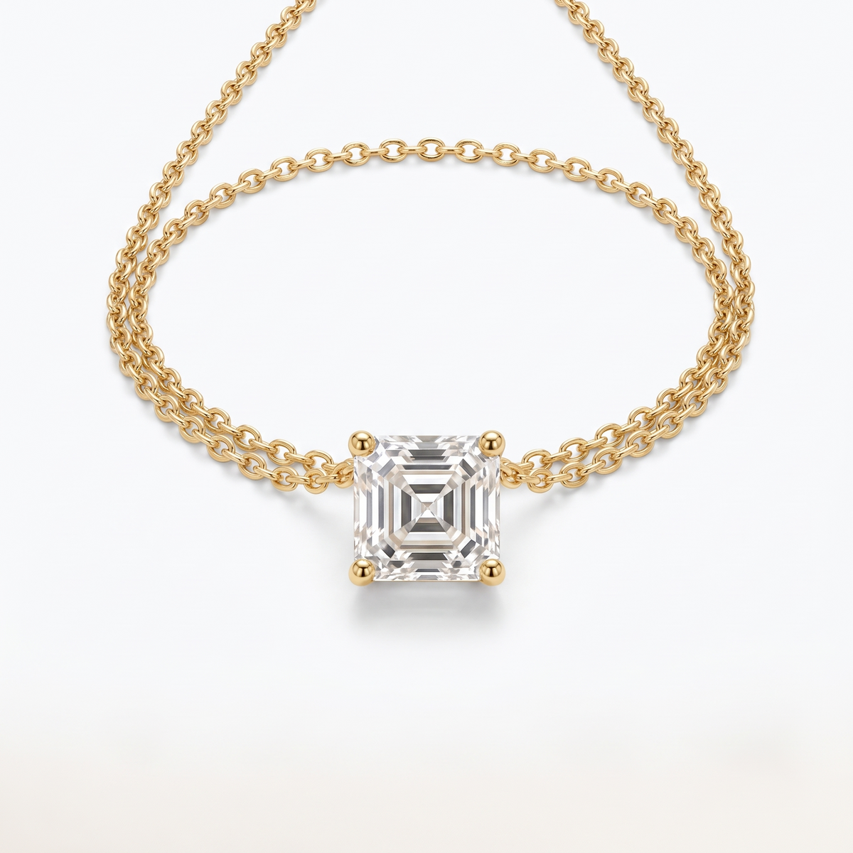 Asscher-Cut Diamond Solitaire Necklace in Solid Gold full necklace catalog view on white background