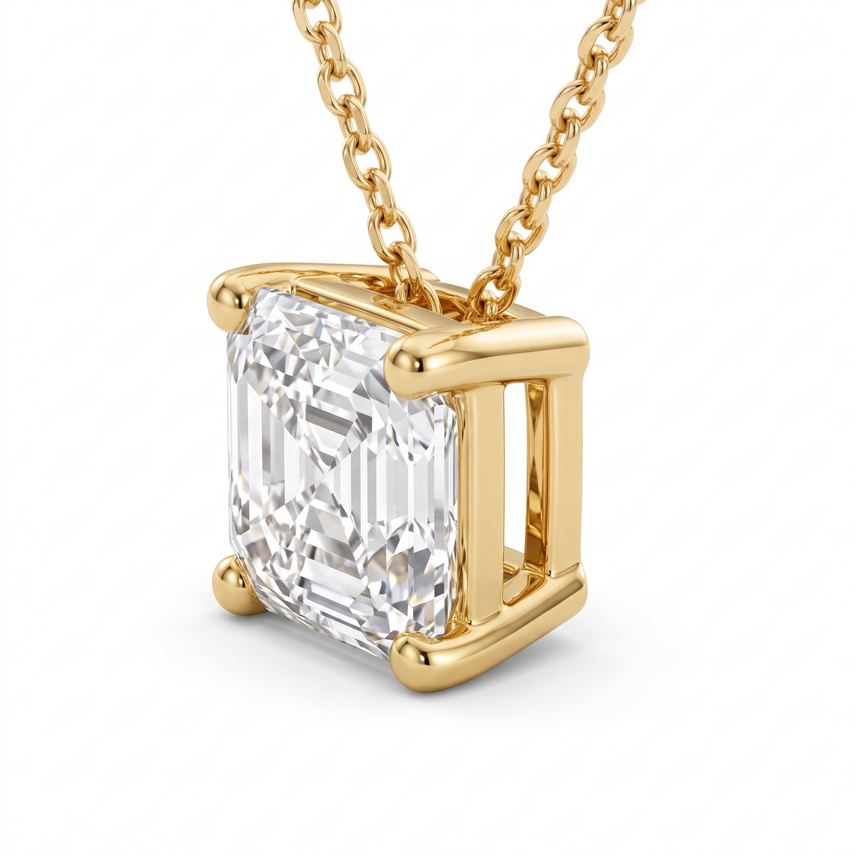 Asscher-Cut Diamond Solitaire Necklace in Solid Gold three-quarter setting profile on white background