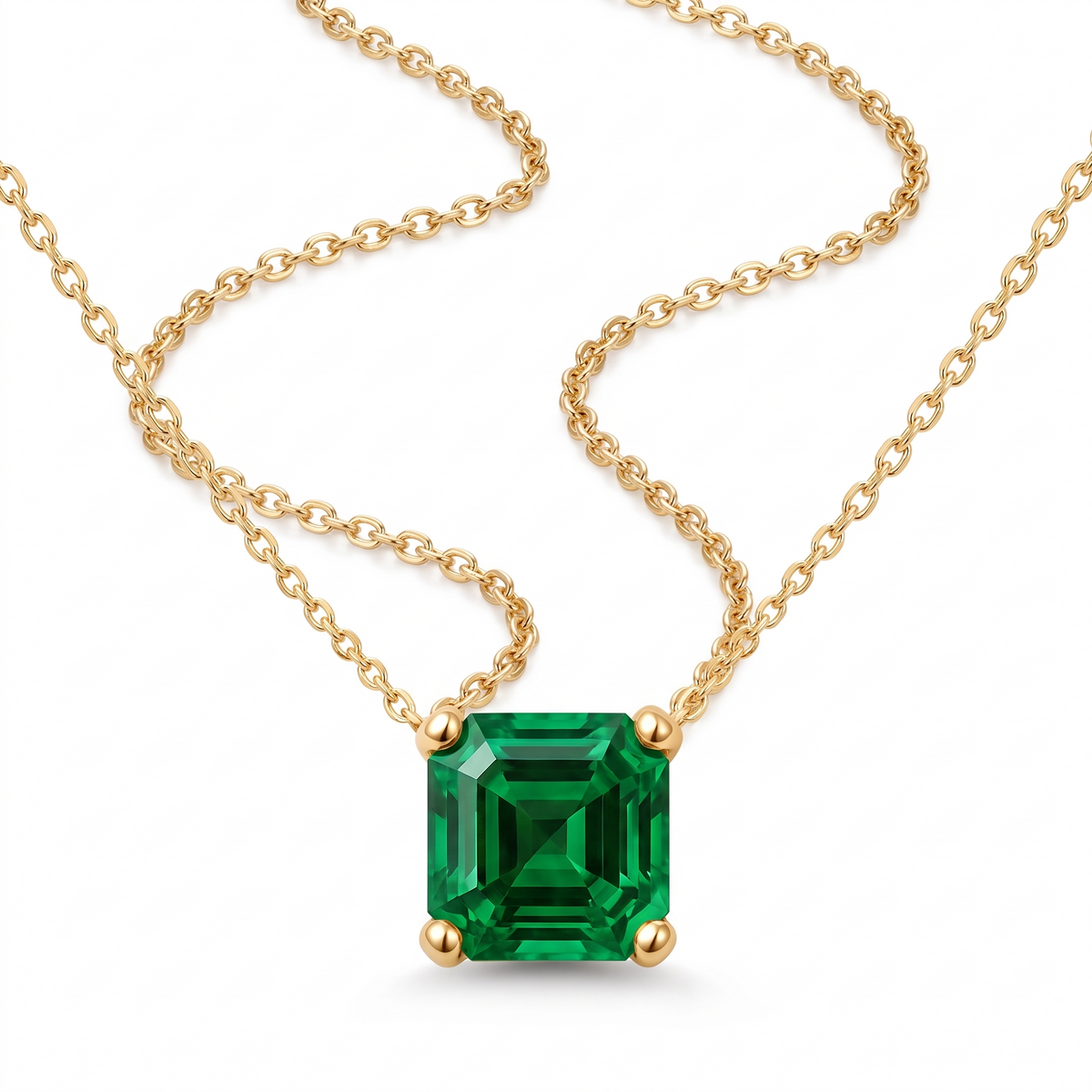 Asscher-Cut Emerald Solitaire Necklace in Solid Gold full necklace catalog view on white background