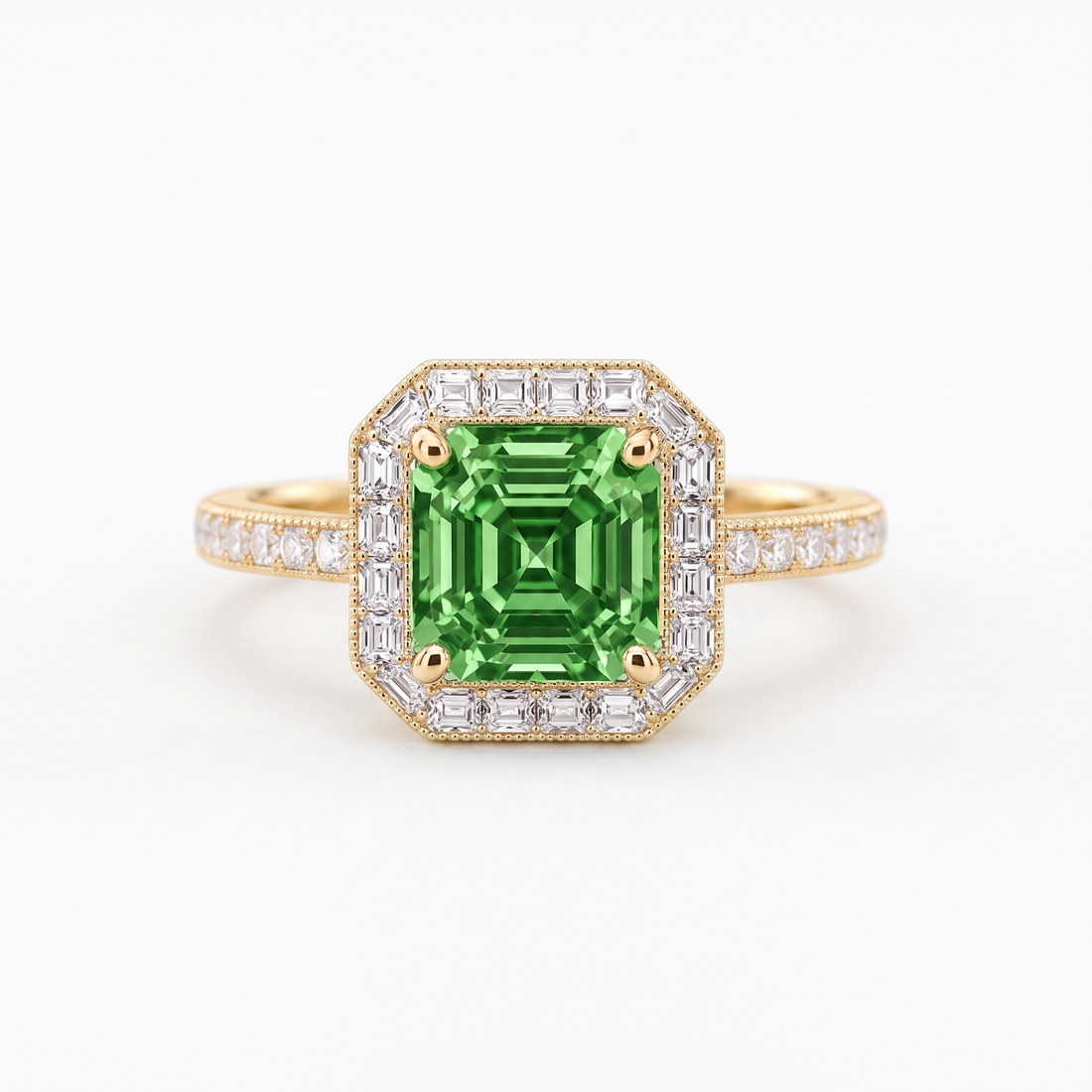 Green Asscher-Cut Lab-Grown Diamond Art Deco Halo Engagement Ring front catalog view on white background