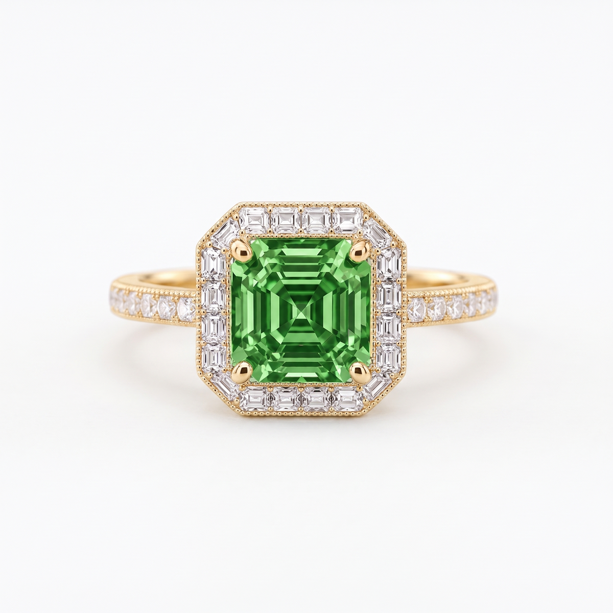 Green Asscher-Cut Lab-Grown Diamond Art Deco Halo Engagement Ring front catalog view on white background