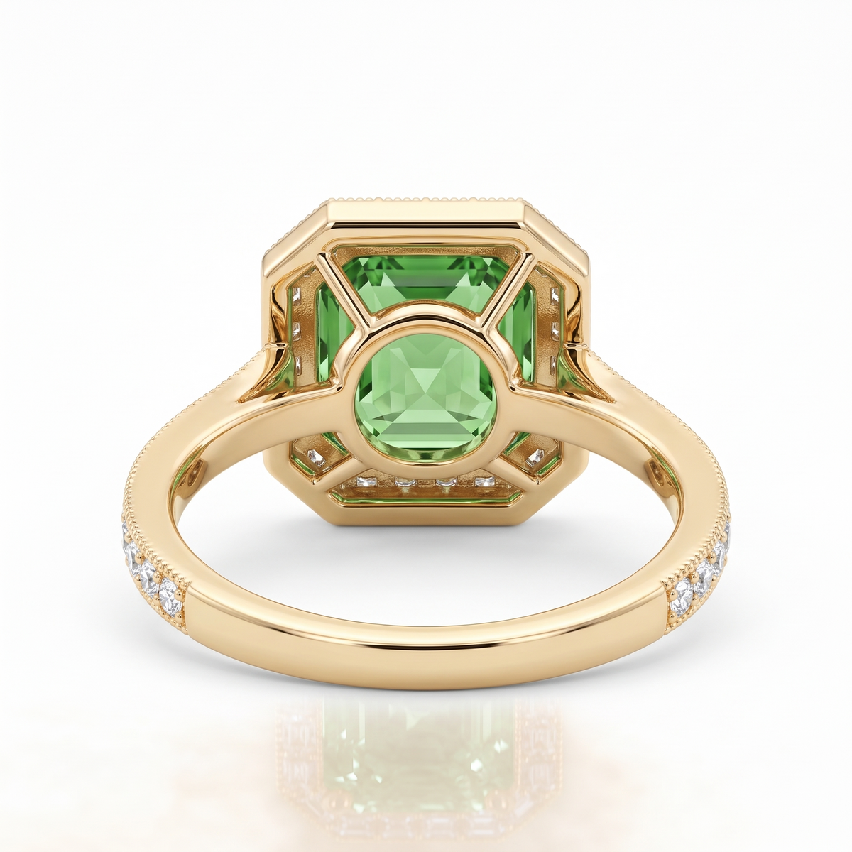 Green Asscher-Cut Lab-Grown Diamond Art Deco Halo Engagement Ring side and rear construction view on white background