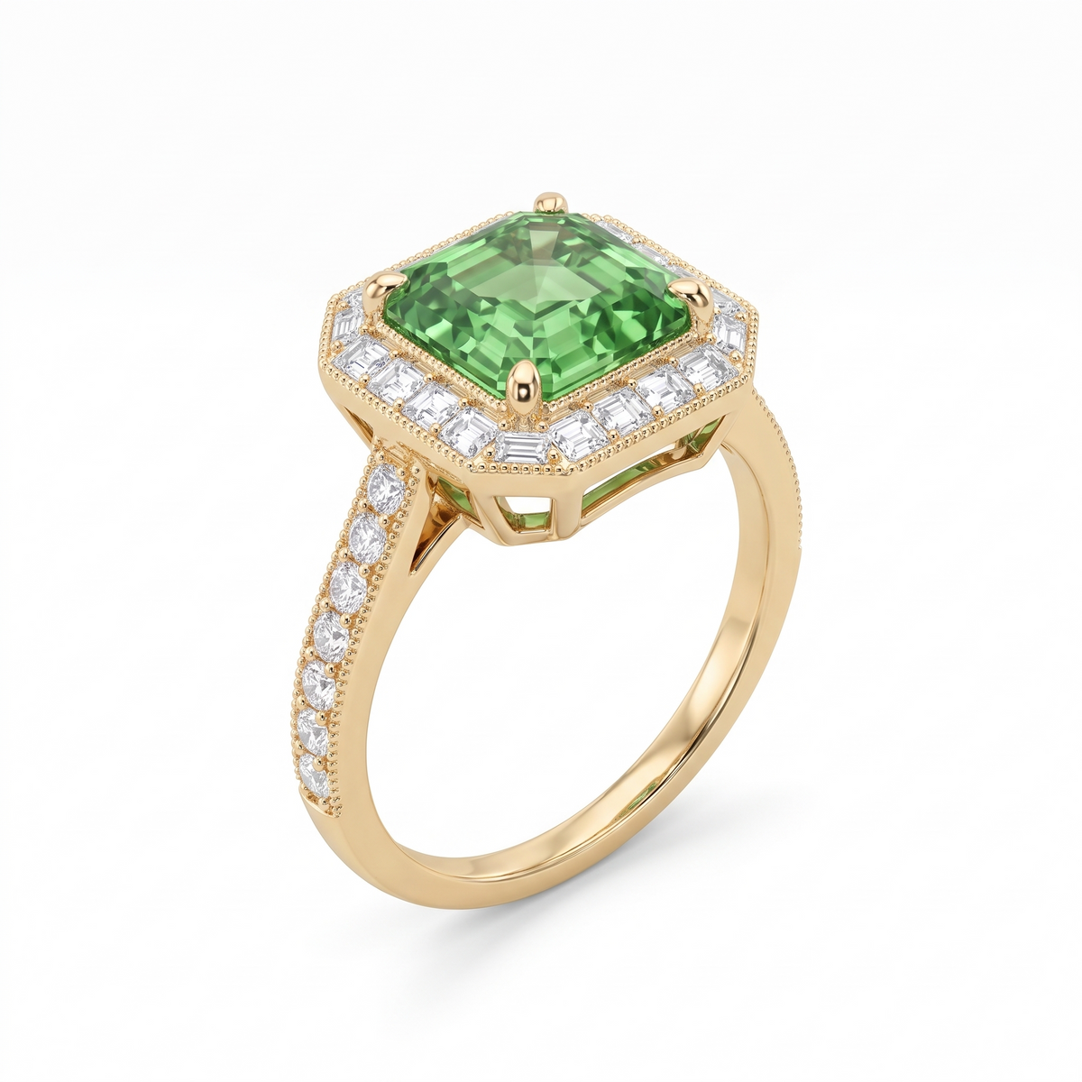 Green Asscher-Cut Lab-Grown Diamond Art Deco Halo Engagement Ring three-quarter catalog view on white background
