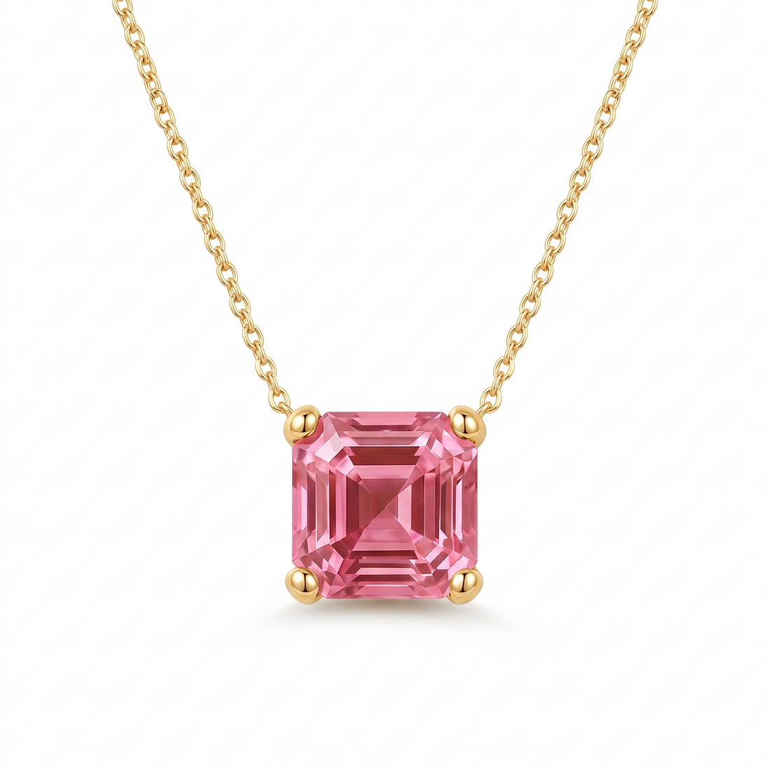 Asscher-Cut Pink Tourmaline Solitaire Necklace in Solid Gold full necklace catalog view on white background
