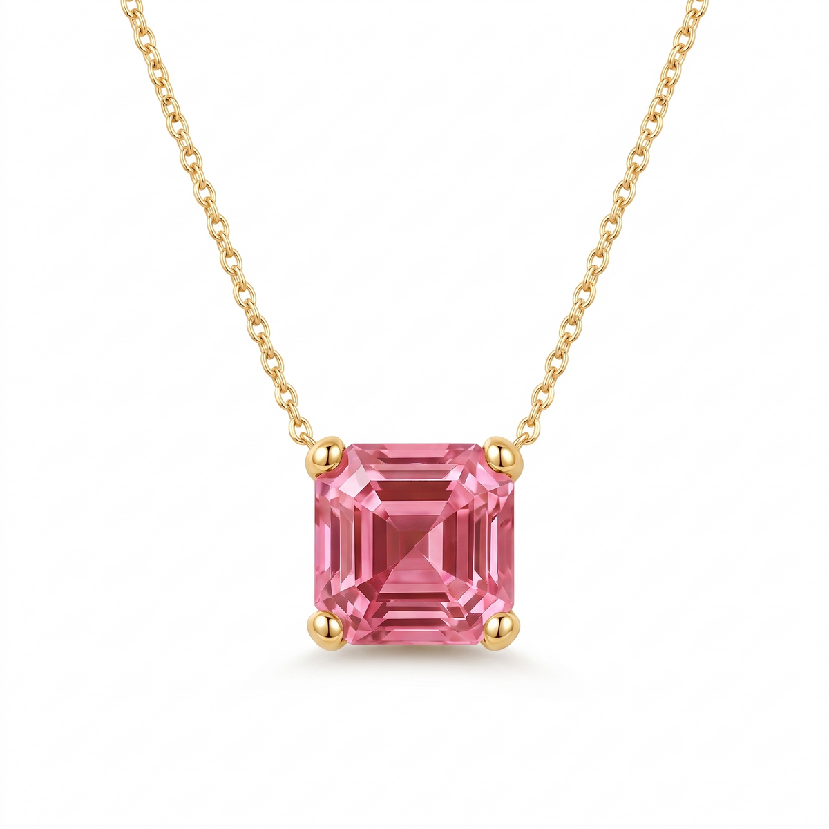 Asscher-Cut Pink Tourmaline Solitaire Necklace in Solid Gold full necklace catalog view on white background