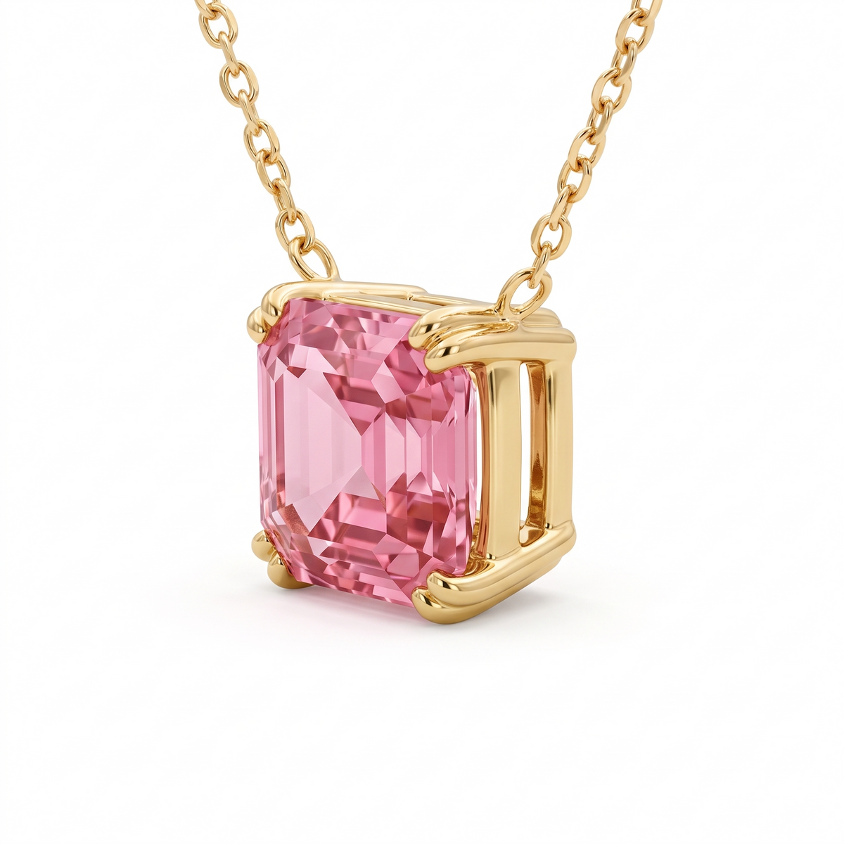 Asscher-Cut Pink Tourmaline Solitaire Necklace in Solid Gold three-quarter setting profile on white background