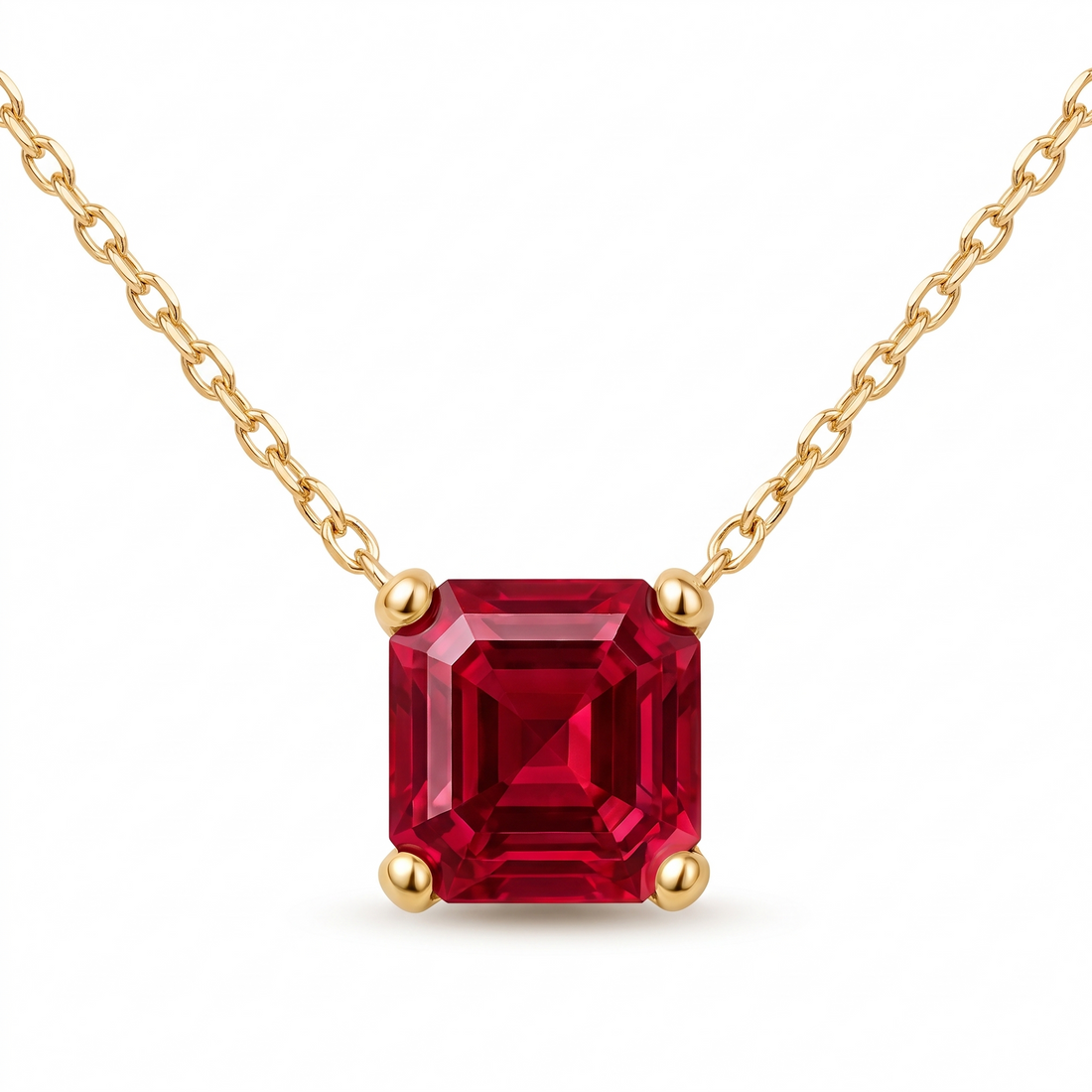 Asscher-Cut Ruby Solitaire Necklace in Solid Gold full necklace catalog view on white background