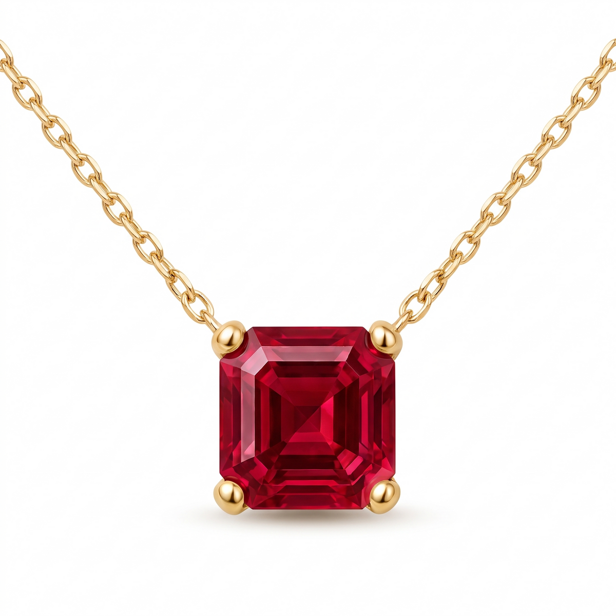 Asscher-Cut Ruby Solitaire Necklace in Solid Gold full necklace catalog view on white background