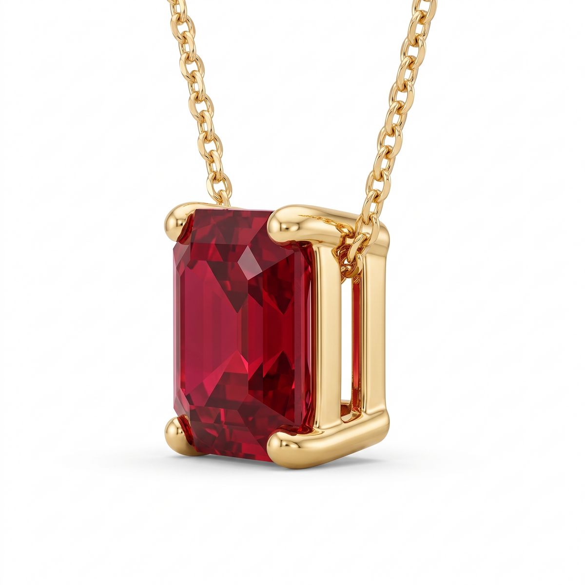 Asscher-Cut Ruby Solitaire Necklace in Solid Gold three-quarter setting profile on white background