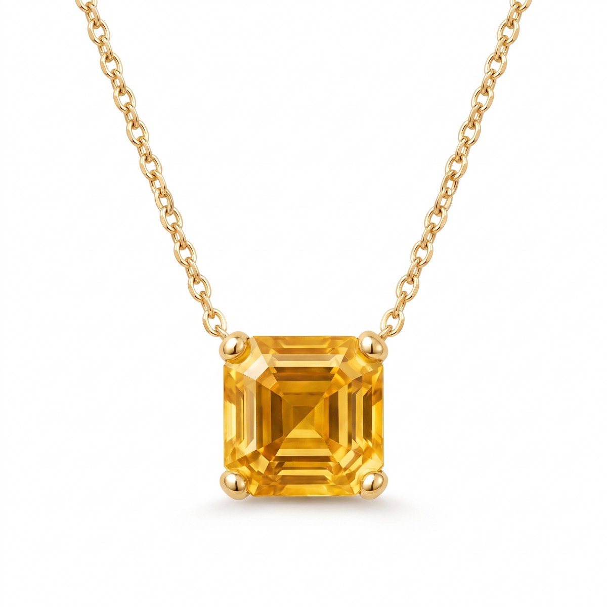 Asscher-Cut Yellow Sapphire Solitaire Necklace in Solid Gold full necklace catalog view on white background